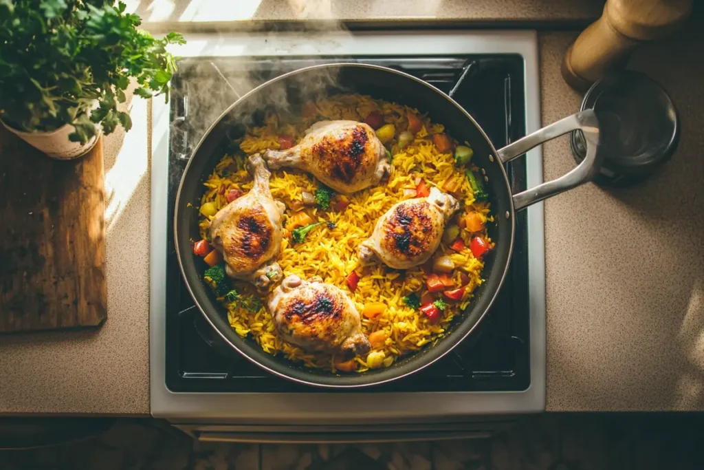 Overhead view of a pan on the stove with chicken and yellow rice cooking together, surrounded by vibrant vegetables like peppers and broccoli.