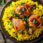 Chicken and yellow rice served on a black plate, garnished with fresh parsley, with a rustic wooden table and fork in the background.