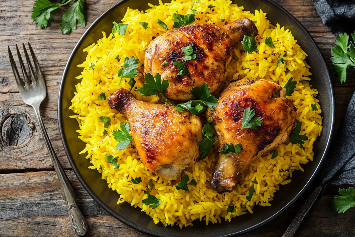 Chicken and yellow rice served on a black plate, garnished with fresh parsley, with a rustic wooden table and fork in the background.