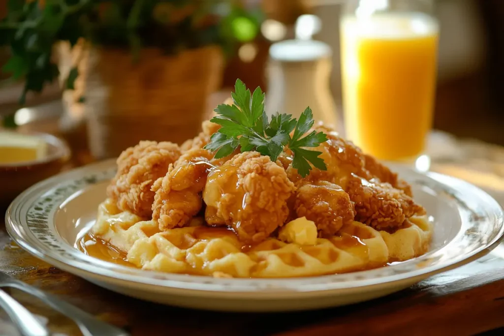 Crispy fried chicken placed atop fluffy waffles, drizzled with maple syrup and garnished with fresh parsley, served alongside orange juice.