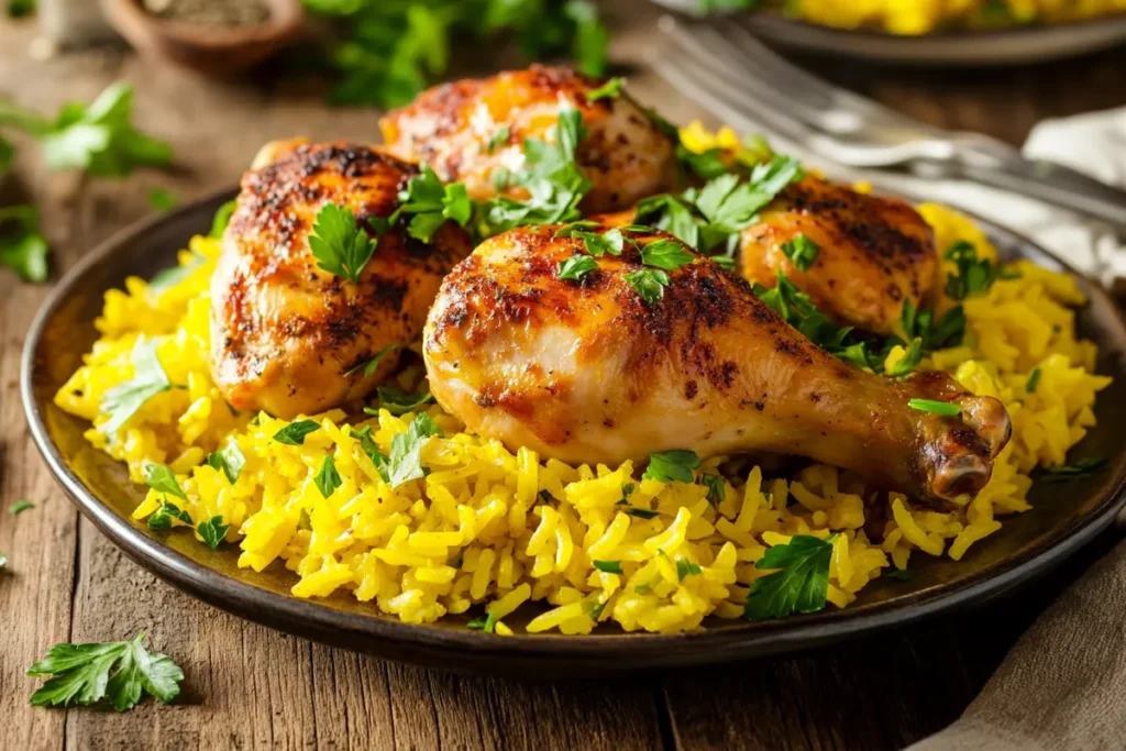 Golden-brown chicken drumsticks served on a bed of fluffy yellow rice, garnished with fresh parsley on a rustic wooden table.