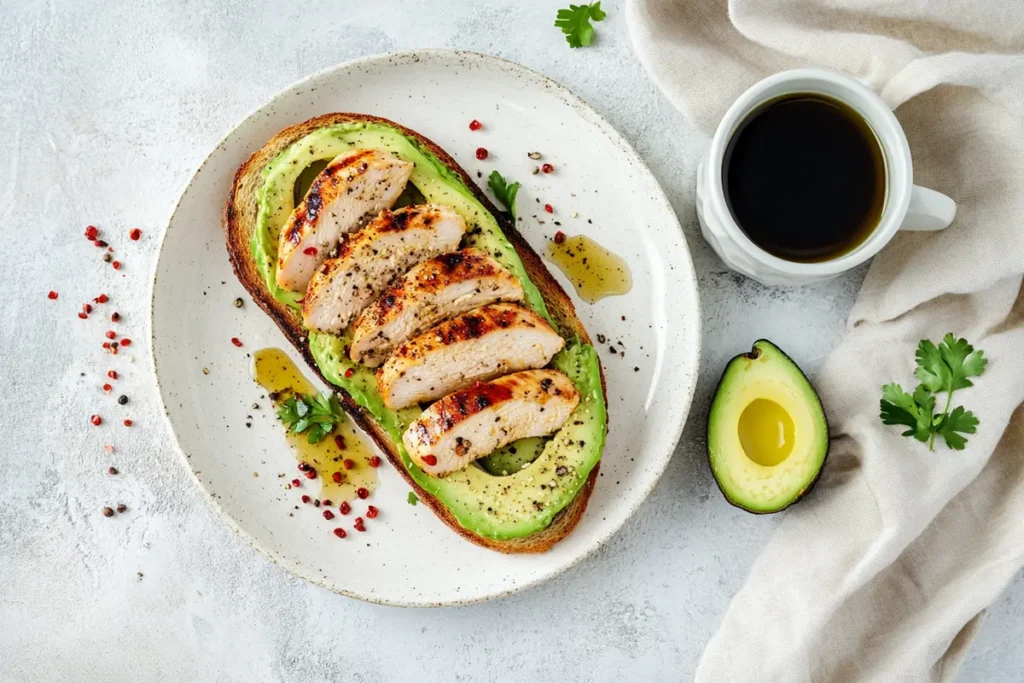 Whole-grain toast topped with mashed avocado and grilled chicken slices, garnished with olive oil and pepper, served with coffee and fresh avocado.