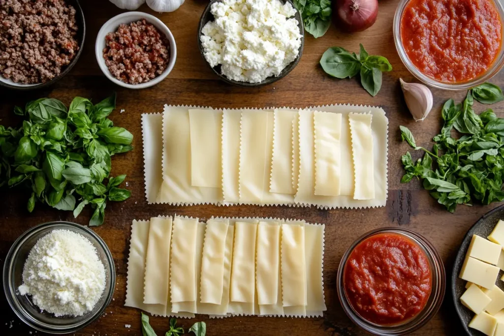 Ingredients for Barilla lasagna arranged on a wooden table, including pasta sheets, ground meat, ricotta, marinara sauce, garlic, basil, and parmesan.