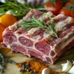 Raw beef back ribs on a wooden cutting board, surrounded by fresh garlic cloves, and a mix of spices.