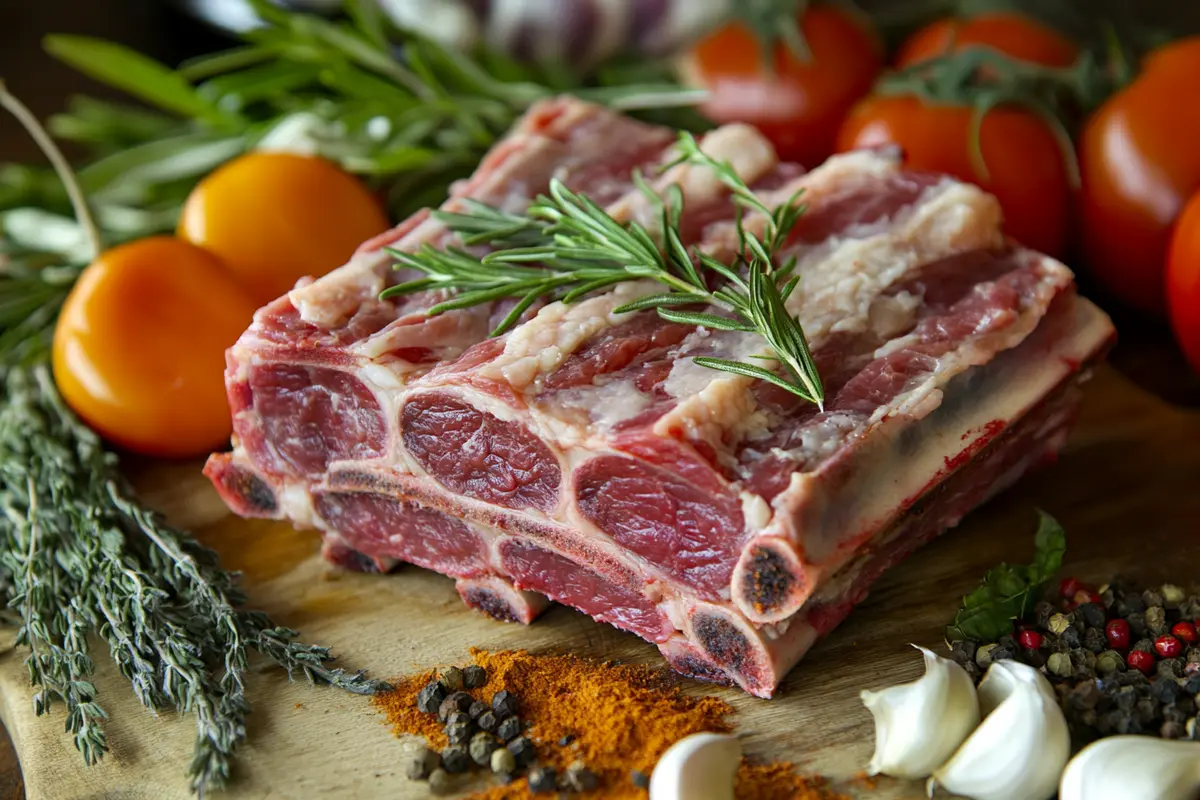 Raw beef back ribs on a wooden cutting board, surrounded by fresh garlic cloves, and a mix of spices.