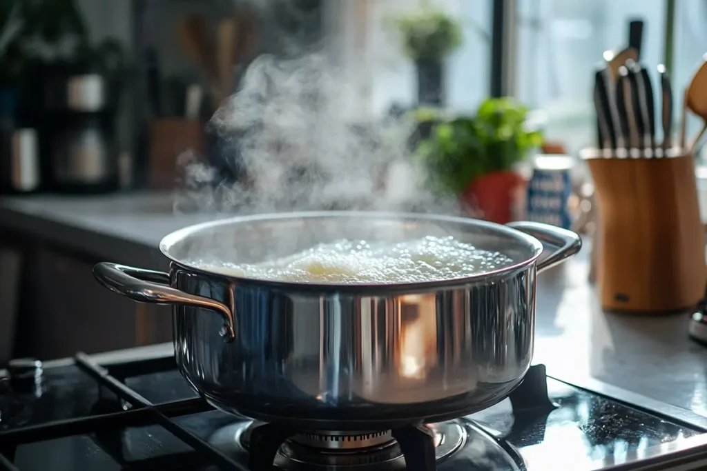 A pot of boiling water with noodles cooking on a stovetop, with steam rising and a kitchen countertop visible in the background.