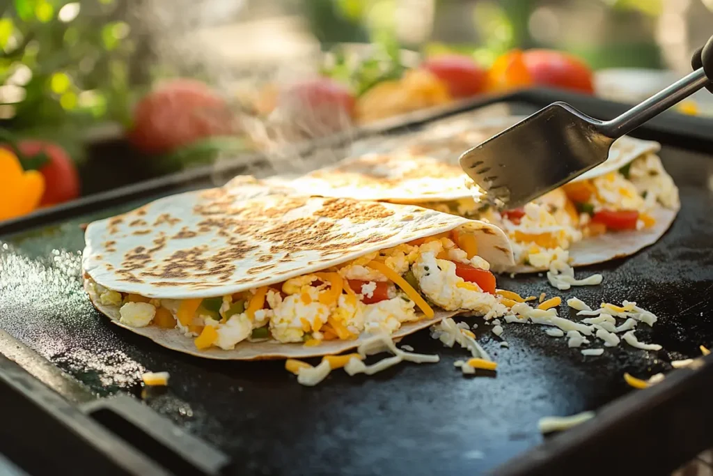 Golden quesadillas stuffed with scrambled eggs, fresh vegetables, and melted cheese, being flipped on a Blackstone griddle.