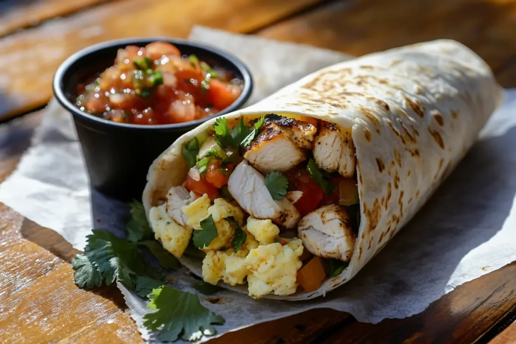 A breakfast burrito filled with tender grilled chicken, scrambled eggs, diced vegetables, and garnished with fresh cilantro, served with salsa.