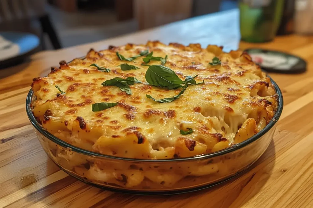 A baked pasta dish with golden melted cheese and fresh basil garnish, served in a round glass dish on a wooden table.