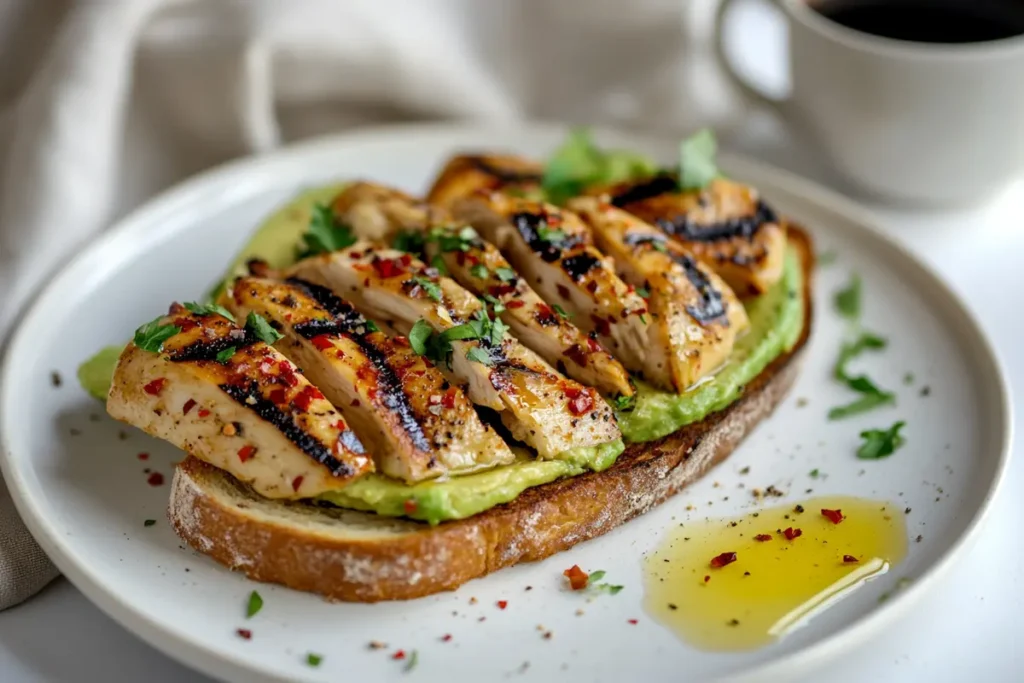 Grilled chicken slices served on avocado toast with a sprinkle of chili flakes and parsley, plated on a white ceramic plate.