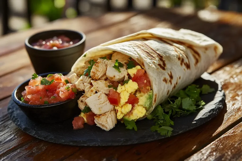 A freshly made breakfast burrito filled with grilled chicken, scrambled eggs, tomatoes, avocado, and salsa, garnished with cilantro.