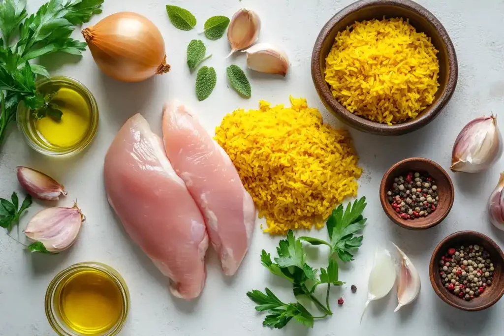 A fresh ingredients for making yellow rice and chicken, including uncooked chicken breast, turmeric, rice, olive oil, parsley, garlic, and onions.