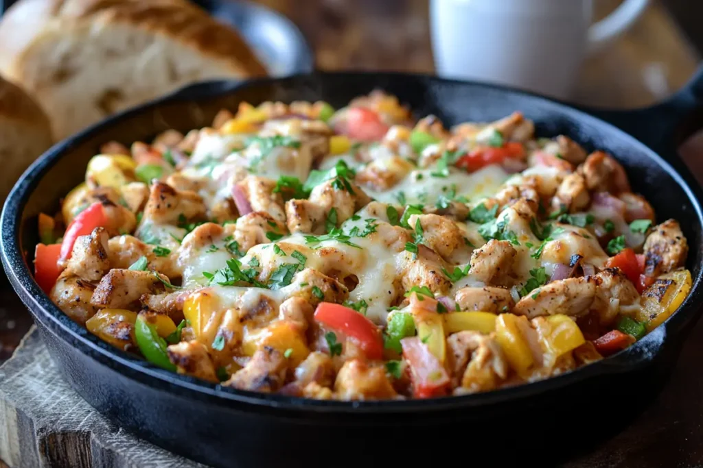 A hot cast-iron skillet filled with diced chicken, sautéed vegetables, melted cheese, and fresh parsley.