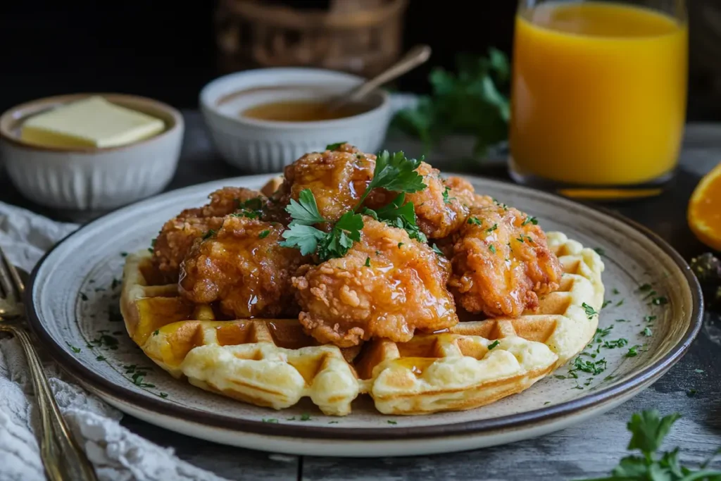 A plate of golden-brown fried chicken atop fluffy waffles, drizzled with syrup and garnished with parsley, served with butter and orange juice.