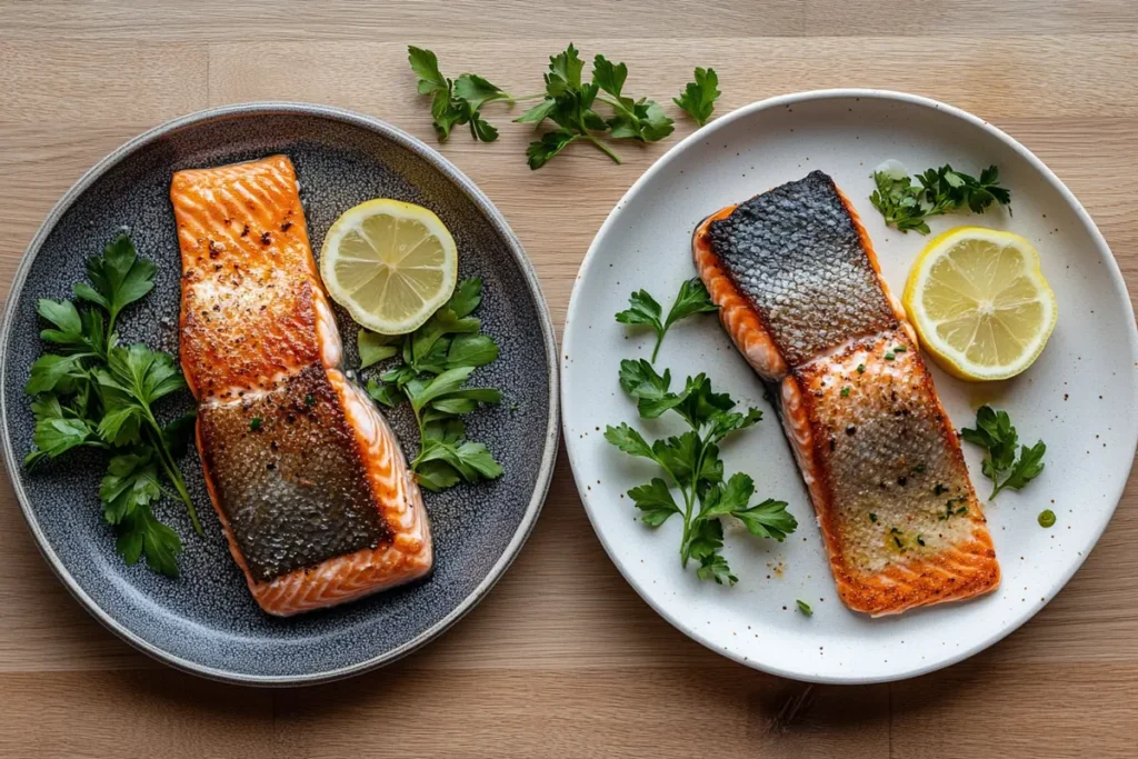 A side-by-side comparison of fried and baked salmon fillets on plates, each garnished with parsley, lemon slices, and herbs.