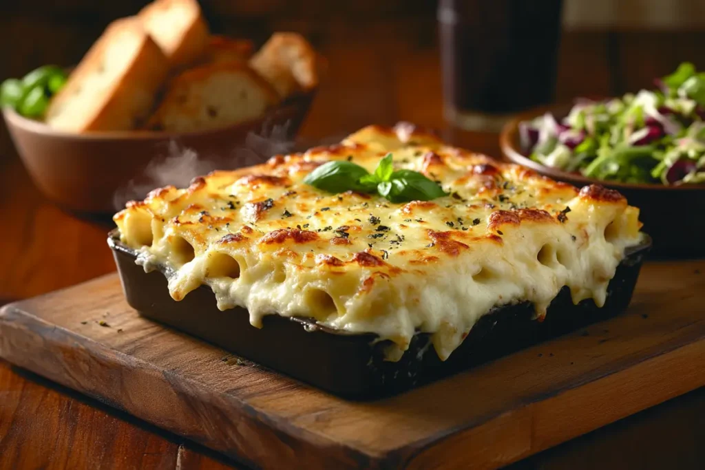 Barilla lasagna served in a black dish, topped with melted cheese and basil, placed on a wooden cutting board with garlic bread and salad in the background.