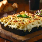 Barilla lasagna served in a black dish, topped with melted cheese and basil, placed on a wooden cutting board with garlic bread and salad in the background.