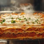 A close-up of freshly baked lasagna with golden melted cheese, rich tomato sauce, and parsley garnish in a glass baking dish.