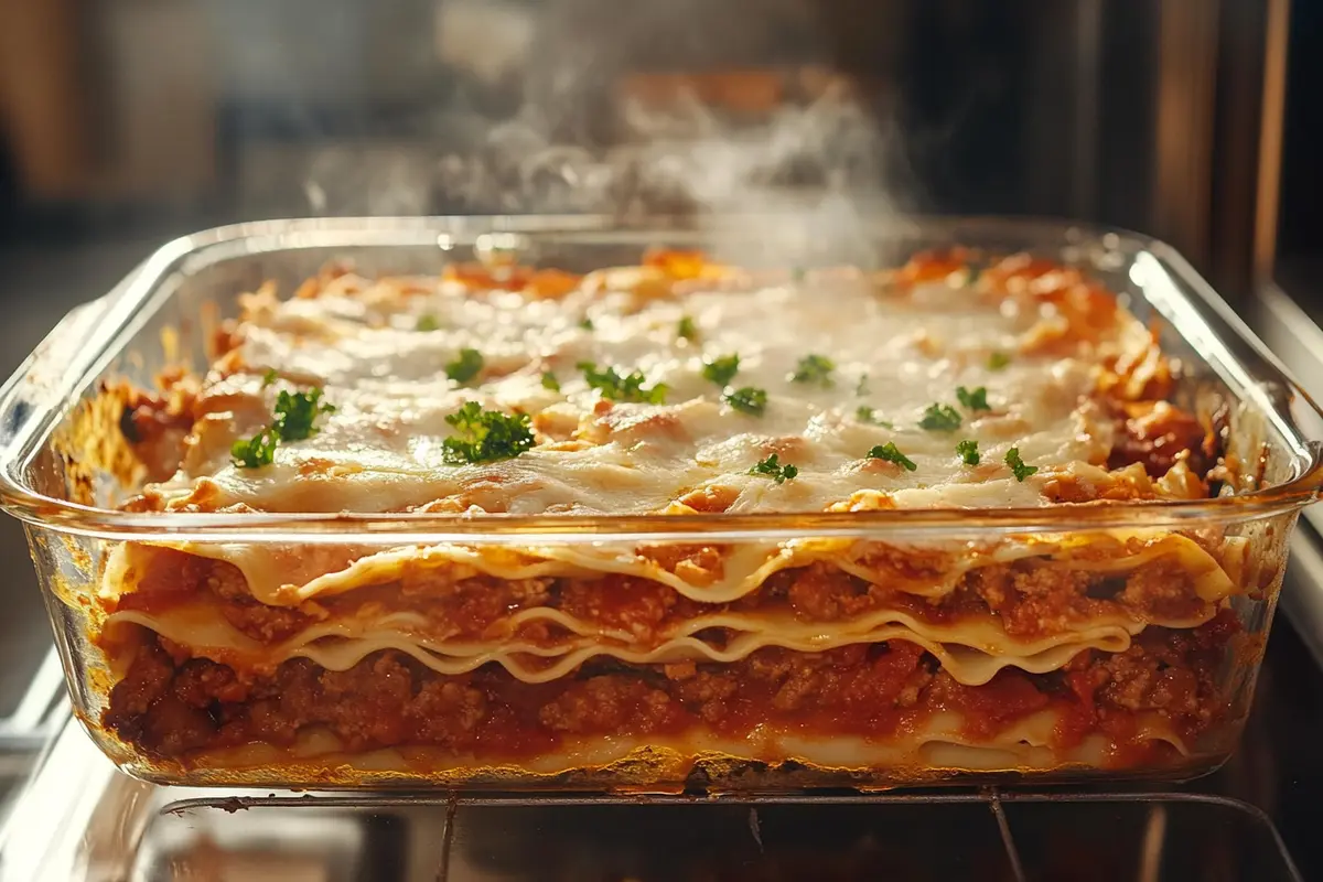 A close-up of freshly baked lasagna with golden melted cheese, rich tomato sauce, and parsley garnish in a glass baking dish.