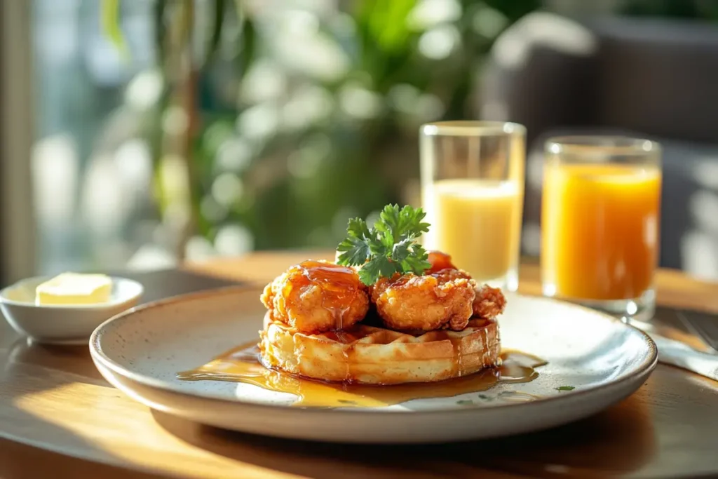 Plate of golden-brown fried chicken served on fluffy waffles, drizzled with maple syrup and garnished with fresh parsley, with two glasses of orange juice in the background.