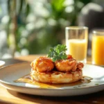 Plate of golden-brown fried chicken served on fluffy waffles, drizzled with maple syrup and garnished with fresh parsley, with two glasses of orange juice in the background.