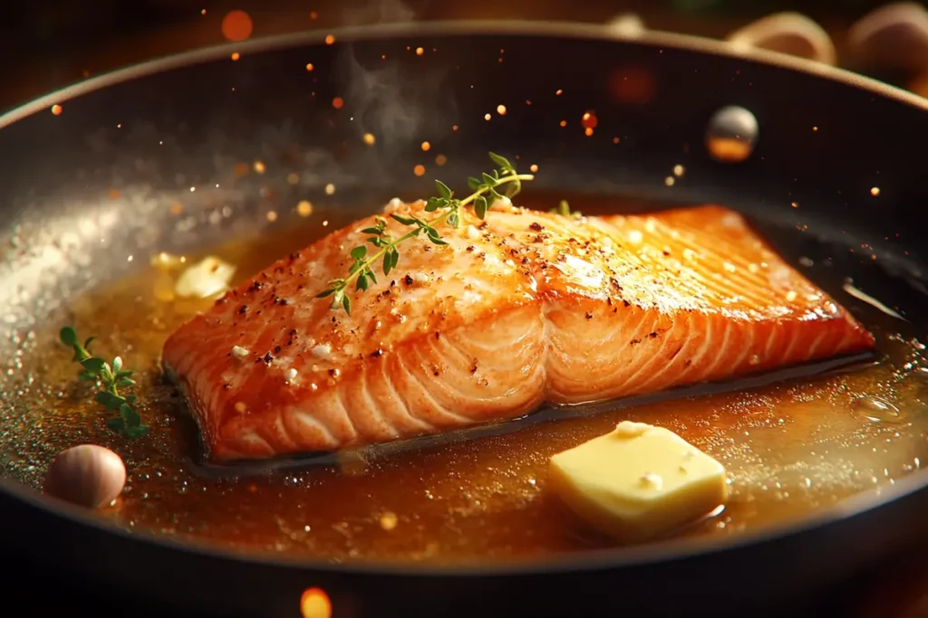 A close-up of salmon frying in a pan with melted butter, thyme sprigs, and golden caramelization.