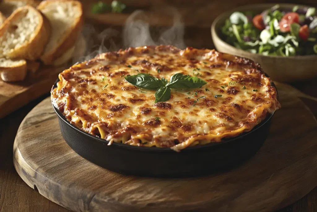 A fully baked Barilla lasagna in a black dish with a golden-brown cheesy crust, garnished with basil and served with garlic bread and salad.