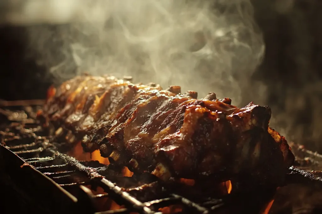 Juicy beef back ribs sizzling on a grill over an open flame, surrounded by smoke for a rich, smoky flavor.