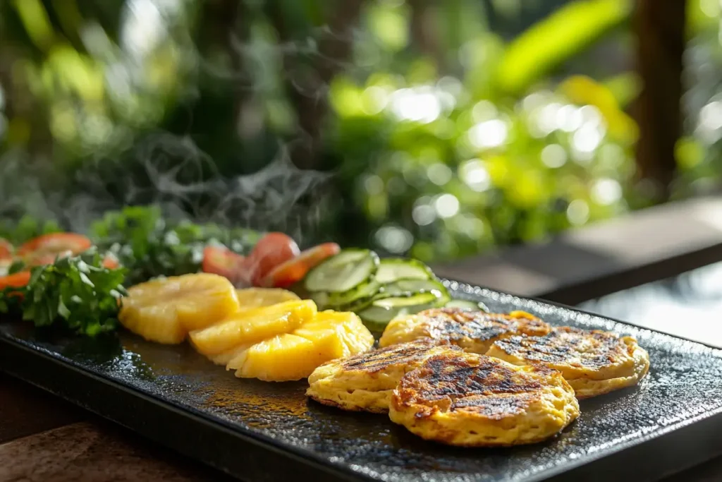 Freshly grilled pineapple, cucumber slices, and vegetables on a Blackstone griddle with steam rising, set against a lush outdoor background.