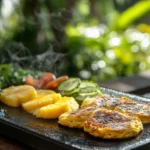 Freshly grilled pineapple, cucumber slices, and vegetables on a Blackstone griddle with steam rising, set against a lush outdoor background.