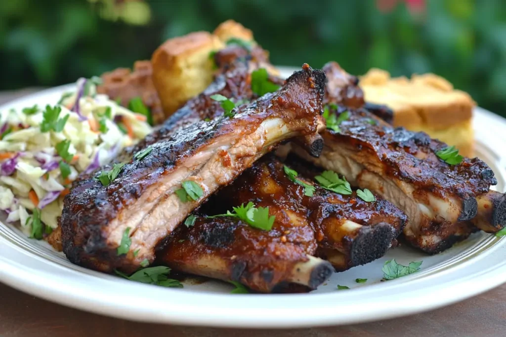 Plate of grilled back ribs glazed with barbecue sauce, garnished with parsley, served alongside coleslaw and cornbread on a sunny table.