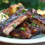 Plate of grilled back ribs glazed with barbecue sauce, garnished with parsley, served alongside coleslaw and cornbread on a sunny table.