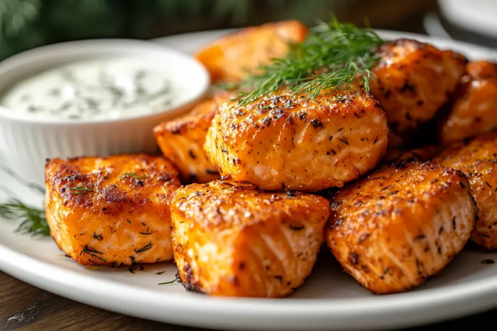 Crispy honey garlic salmon bites garnished with fresh dill and served with a creamy dipping sauce on a white plate.