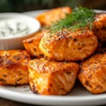 Crispy honey garlic salmon bites garnished with fresh dill and served with a creamy dipping sauce on a white plate.