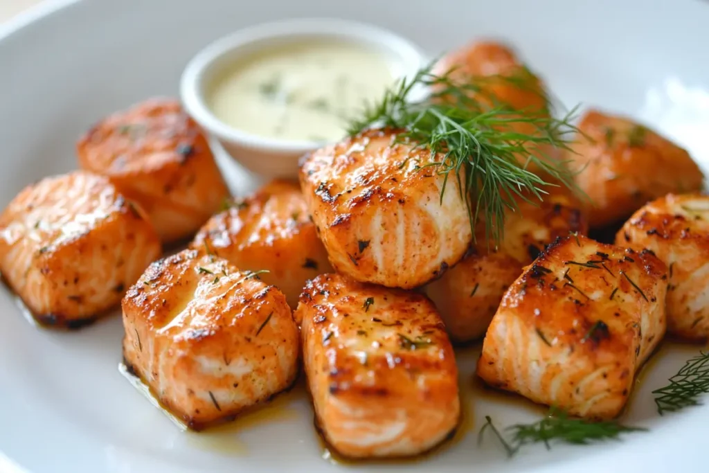 Perfectly cooked honey garlic salmon bites garnished with fresh dill and served with a creamy dipping sauce on a white plate.