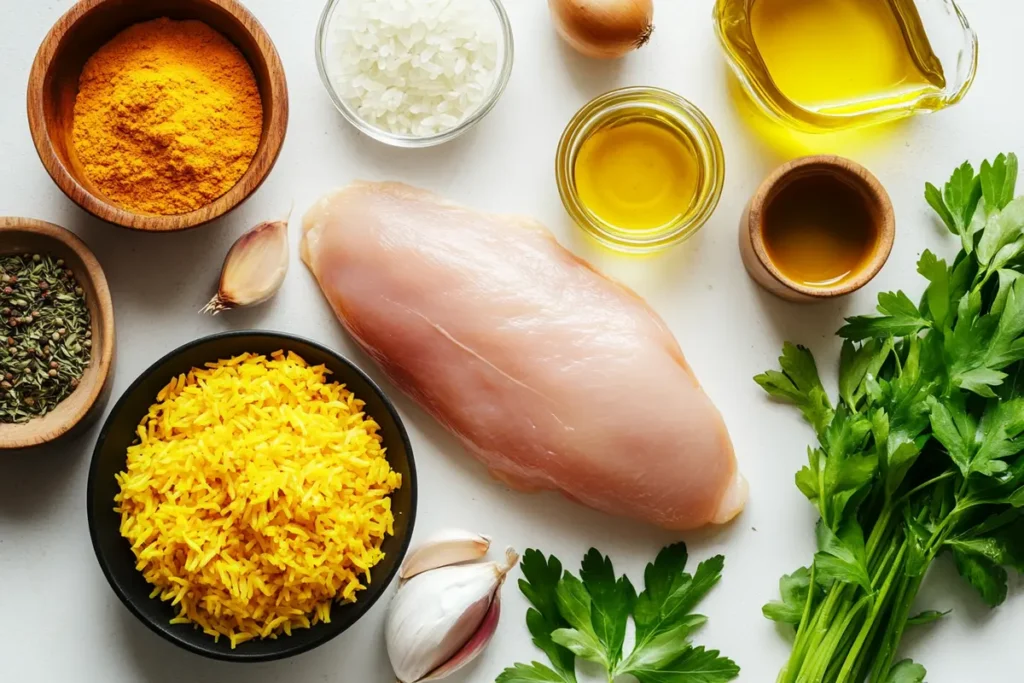 A visually appealing arrangement of fresh ingredients for making yellow rice and chicken, including uncooked chicken breast, turmeric, rice, olive oil, parsley, garlic, and onions.