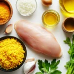 A visually appealing arrangement of fresh ingredients for making yellow rice and chicken, including uncooked chicken breast, turmeric, rice, olive oil, parsley, garlic, and onions.