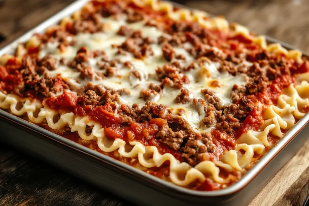 A close-up of lasagna with layers of meat sauce, melted cheese, and pasta sheets in a rectangular baking dish on a wooden surface.