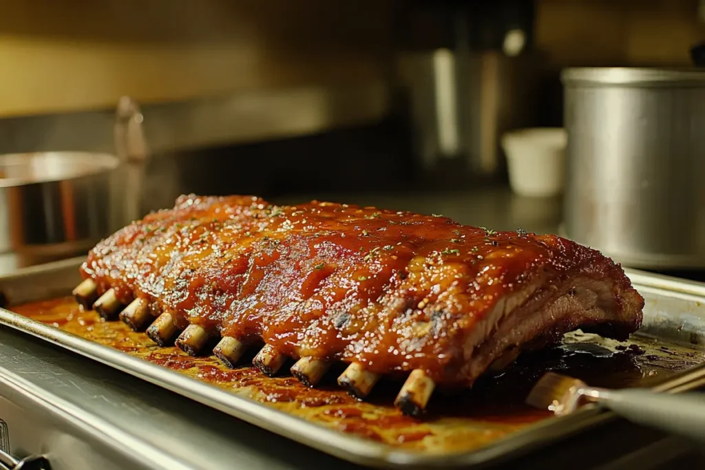 Rack of oven-baked back ribs brushed with a rich barbecue glaze, resting on a baking tray with a kitchen background.