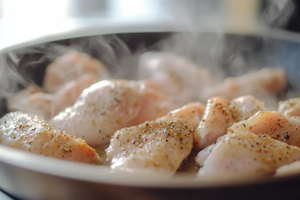 Close-up of seasoned raw chicken pieces cooking in a pan with steam rising, showing the initial step of preparing chicken for yellow rice.