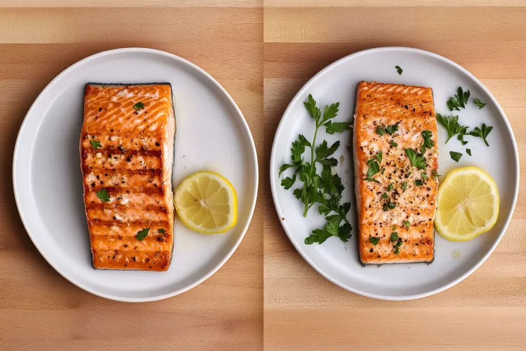 Comparison of fried salmon and baked salmon on white plates garnished with lemon and parsley.