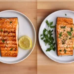 Comparison of fried salmon and baked salmon on white plates garnished with lemon and parsley.