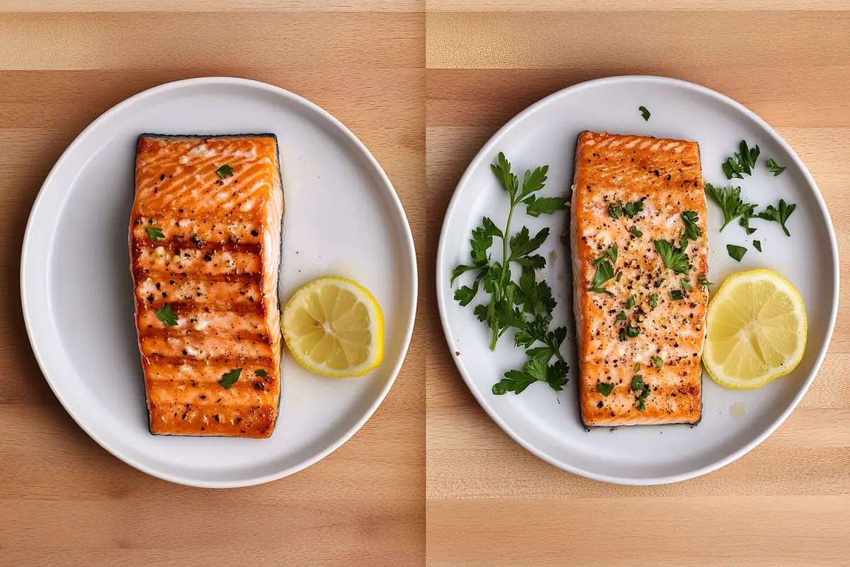 Comparison of fried salmon and baked salmon on white plates garnished with lemon and parsley.