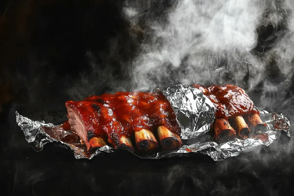 Rack of smoked barbecue ribs covered in a glossy sauce, partially unwrapped from foil, with smoke rising in a dramatic black background.