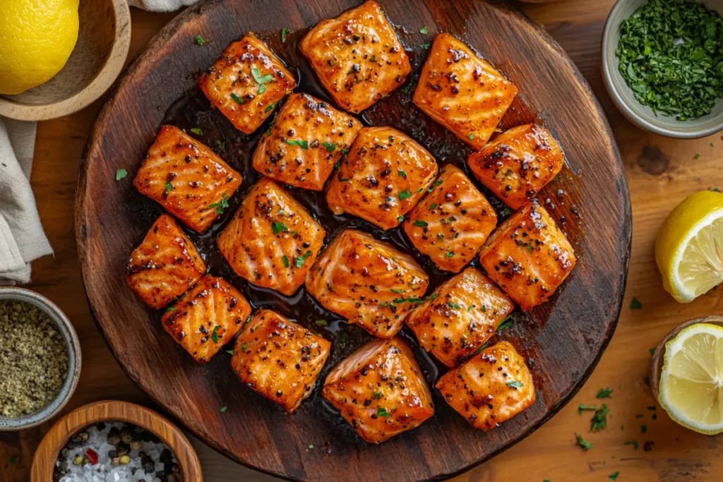 Crispy pan-seared salmon bites glazed with soy sauce, garnished with parsley, and served on a wooden platter with lemon wedges.