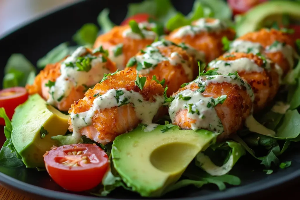 Spicy salmon bites served on a bed of greens with avocado slices, cherry tomatoes, and drizzled with avocado lime sauce.