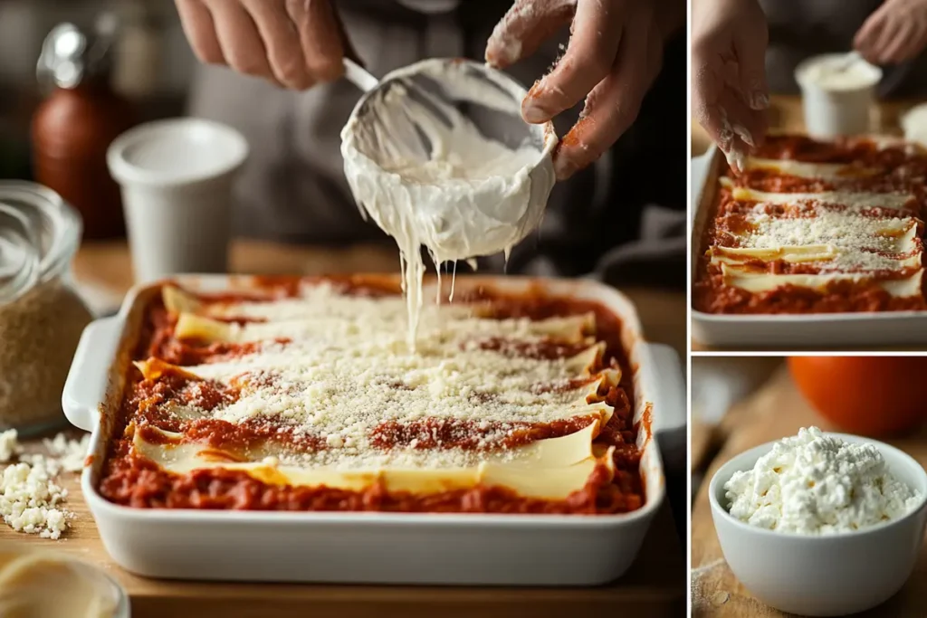 Close-up of hands assembling Barilla lasagna by spreading cheese mixture over pasta layers, with marinara sauce and parmesan on top.