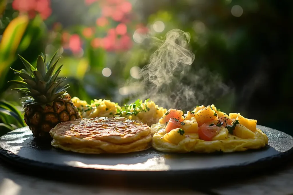 Fresh pineapple slices, scrambled eggs, and diced fruits steaming on a griddle with vibrant tropical greenery in the background.