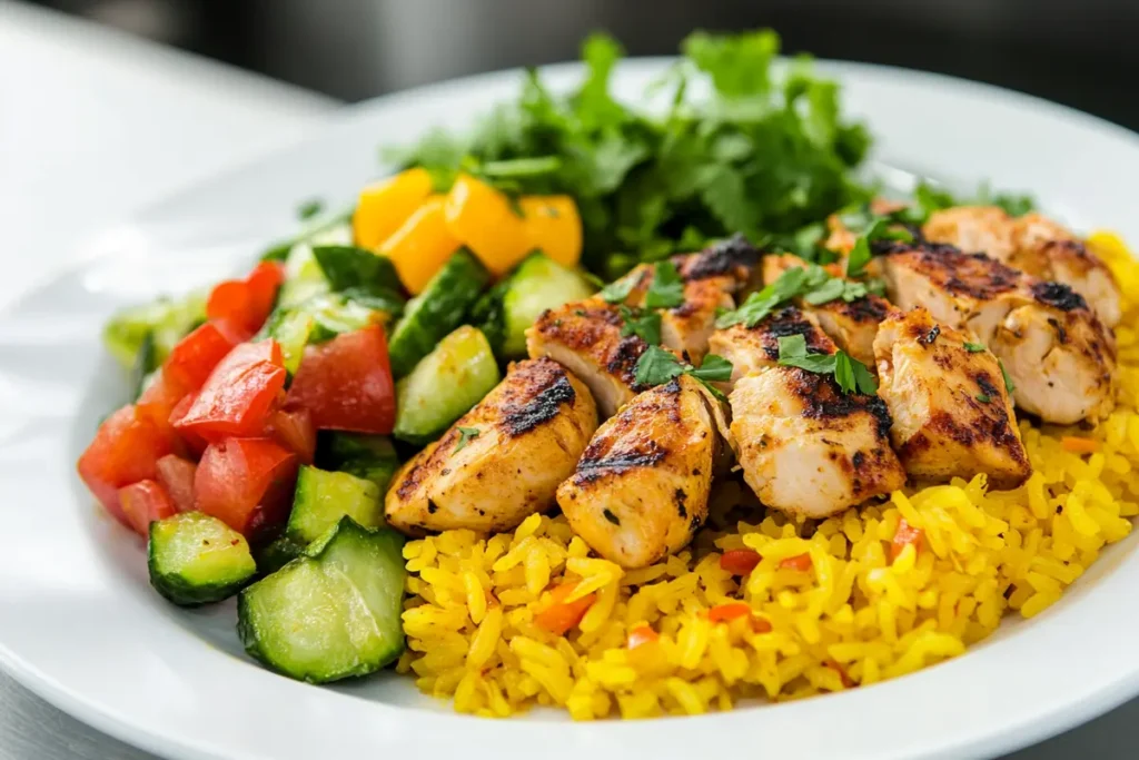 A vibrant plate of yellow rice topped with grilled chicken, served alongside fresh cucumber, tomato, and bell pepper salad garnished with cilantro.