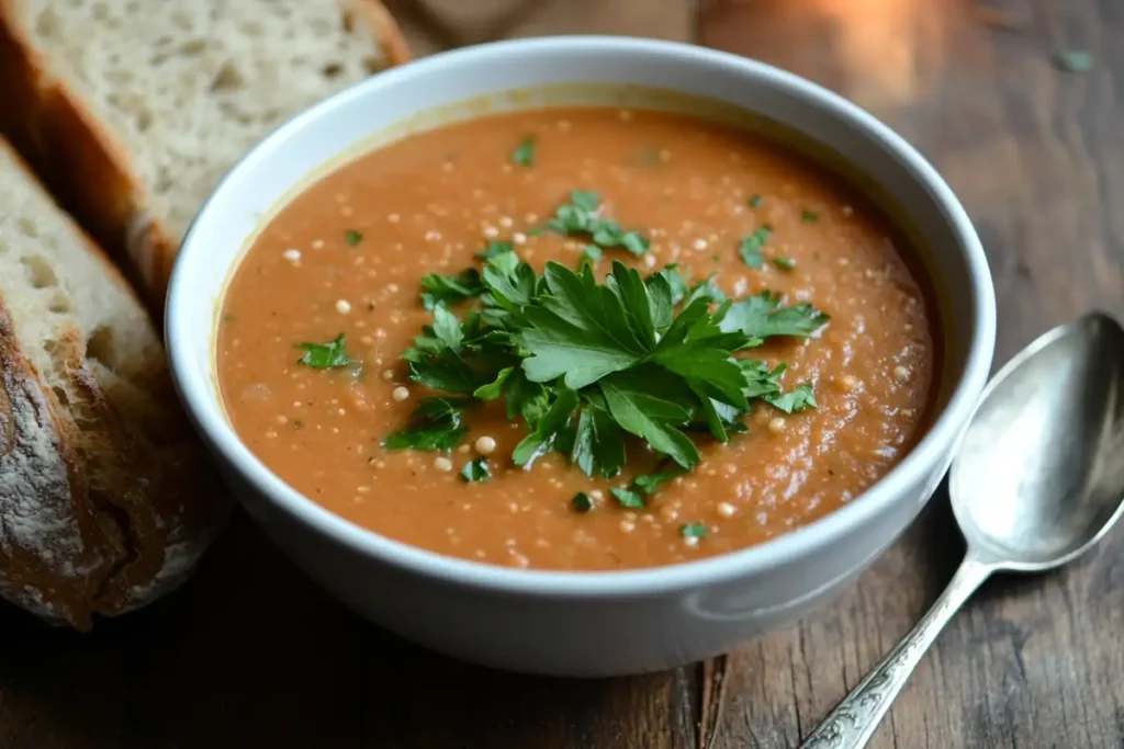 A bowl of hearty gluten-free grain soup with fresh herbs.